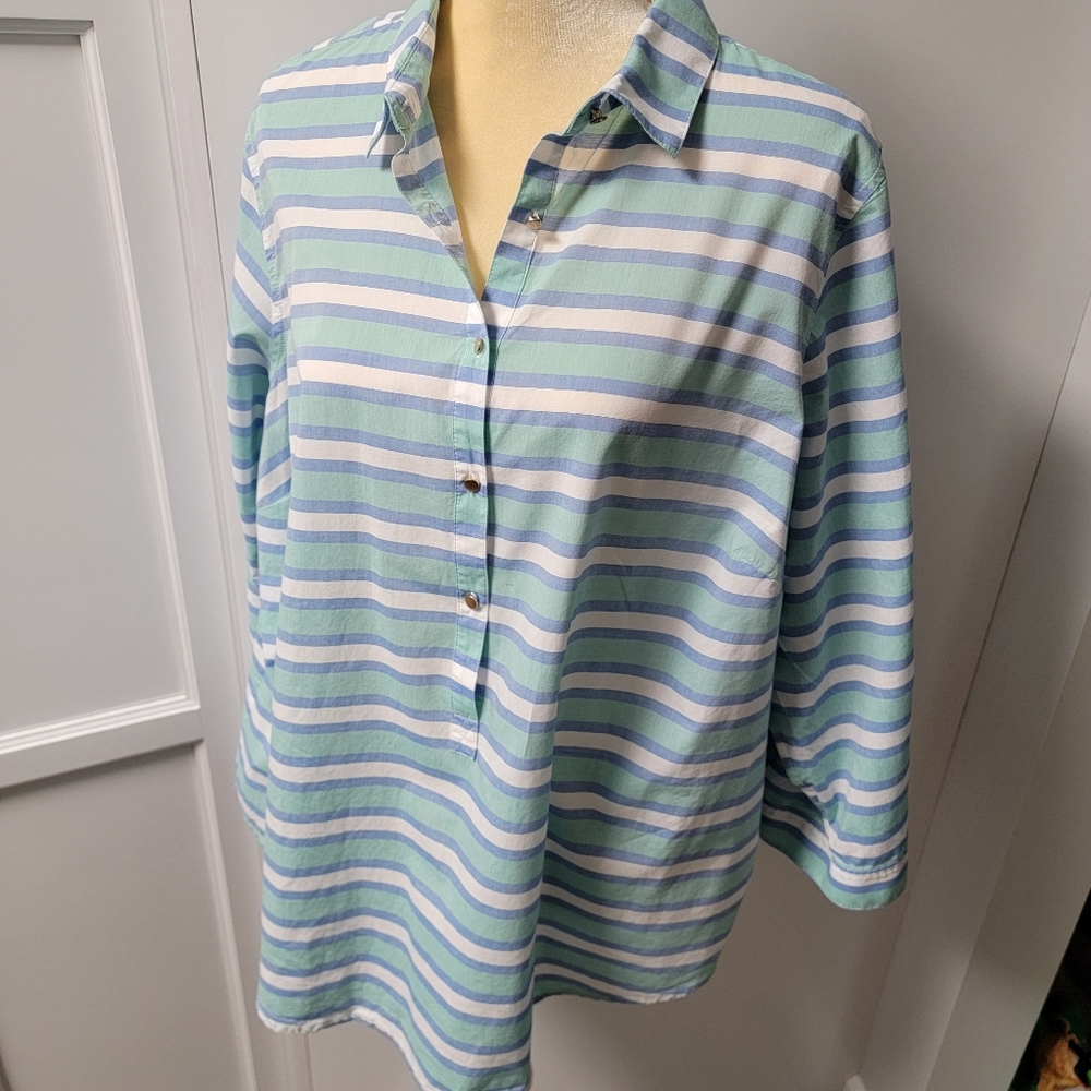 Lands End Popover Striped Pullover Tunic Blouse Top Shirt 3/4 Sleeve 18 W